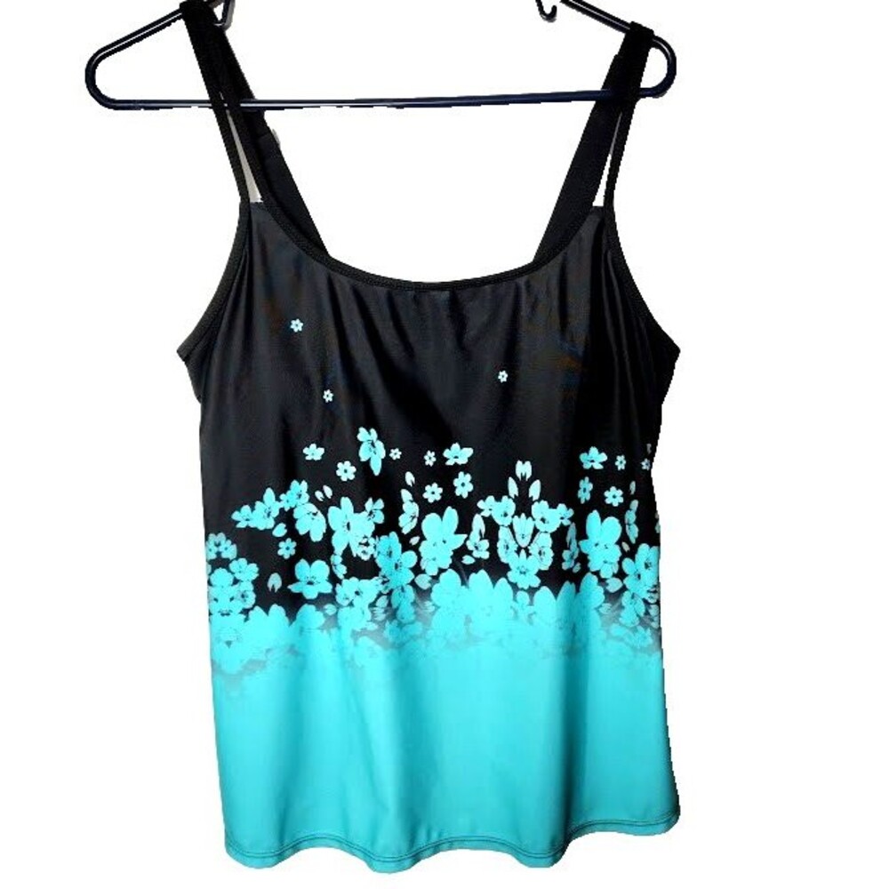 No Brand Tag Blue and Black Floral Tankini Top Only Size L Adjustable Straps 35